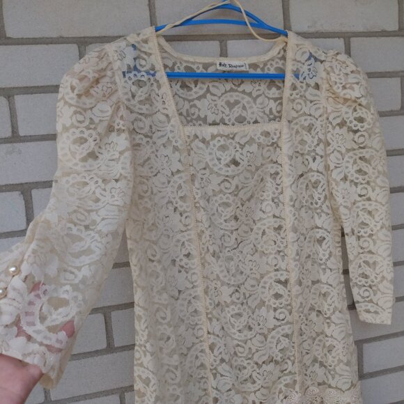 Vintage Ivory Sheer Lace Dress by Holt Renfrew Long Sleeves Drop Waist 37"B 34"W - Picture 3 of 13